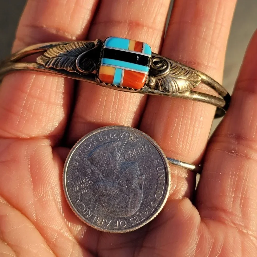 Native American 925 sterling silver square inlay squash blossom vintage bracelet - Picture 5 of 15